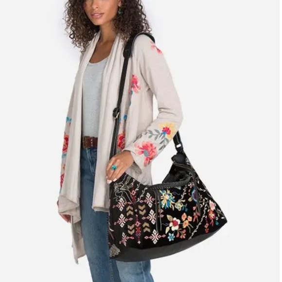 Johnny Was Black Denim & Leather with Floral Embroidery Dreamer Overnight Tote - Picture 7 of 14